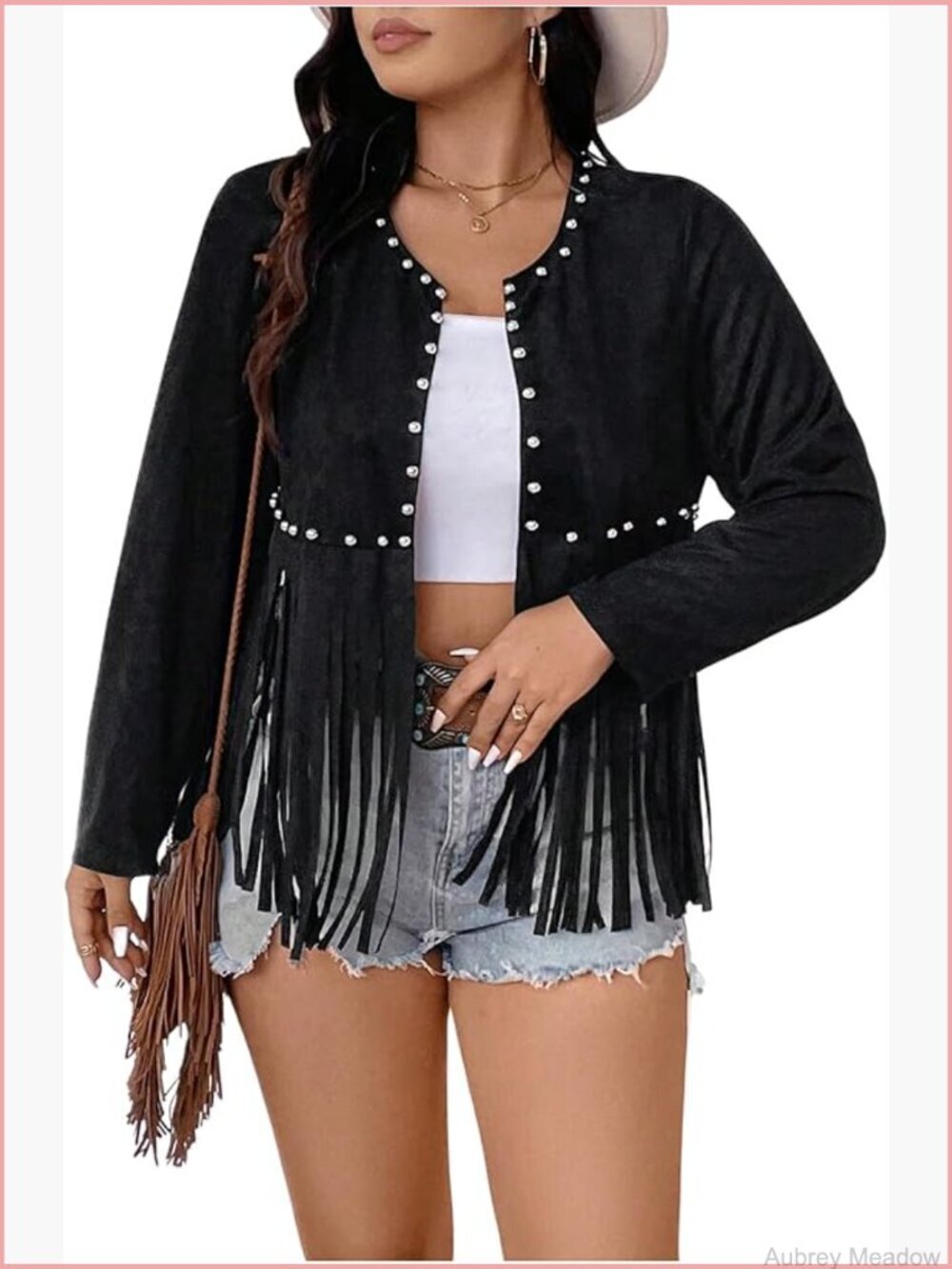 Plus Size Faux Suede Fringe Jacket Open Front Long Sleeve Studded Tassel
